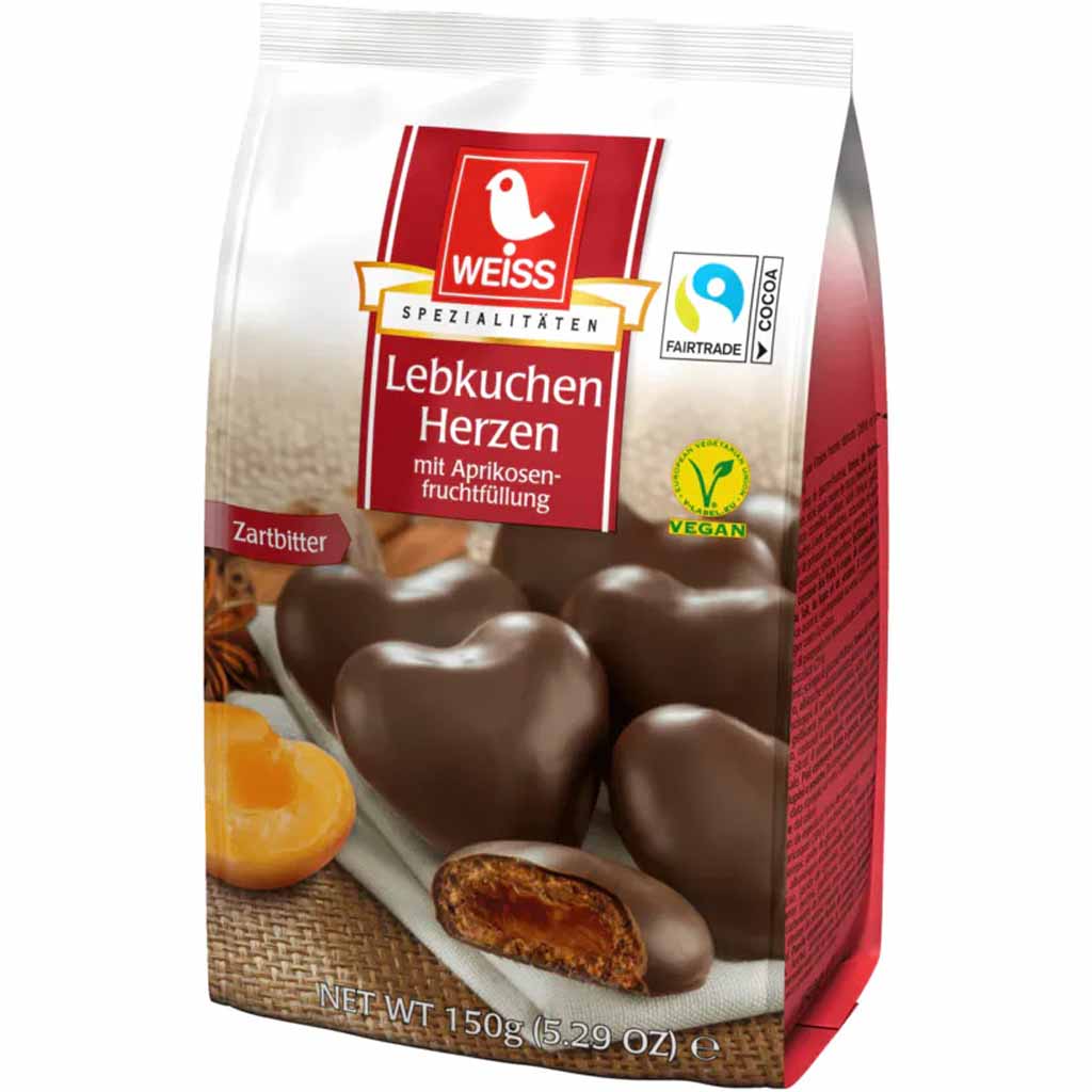 Weiss Lebkuchen Herzen mit Aprikosenfüllung Zartbitterschokolade 150g MHD 30.04.26
