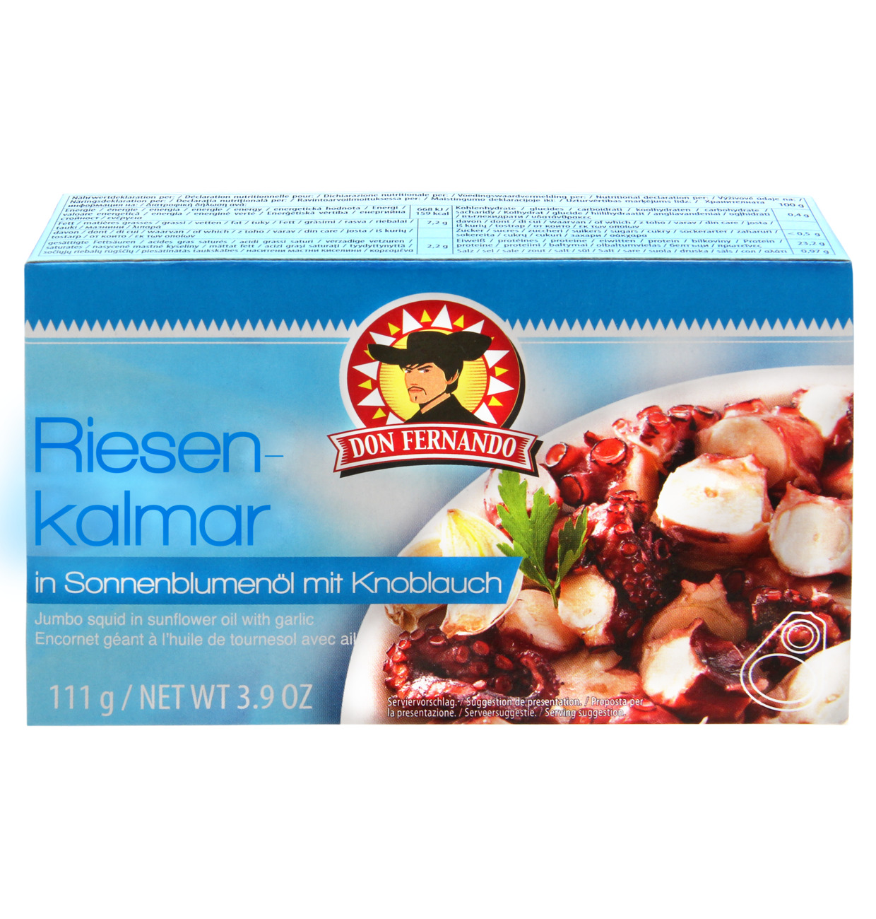 Don Fernando Riesenkalmar in Sonnenblumenöl mit Knoblauch 111g MHD 14.03.28