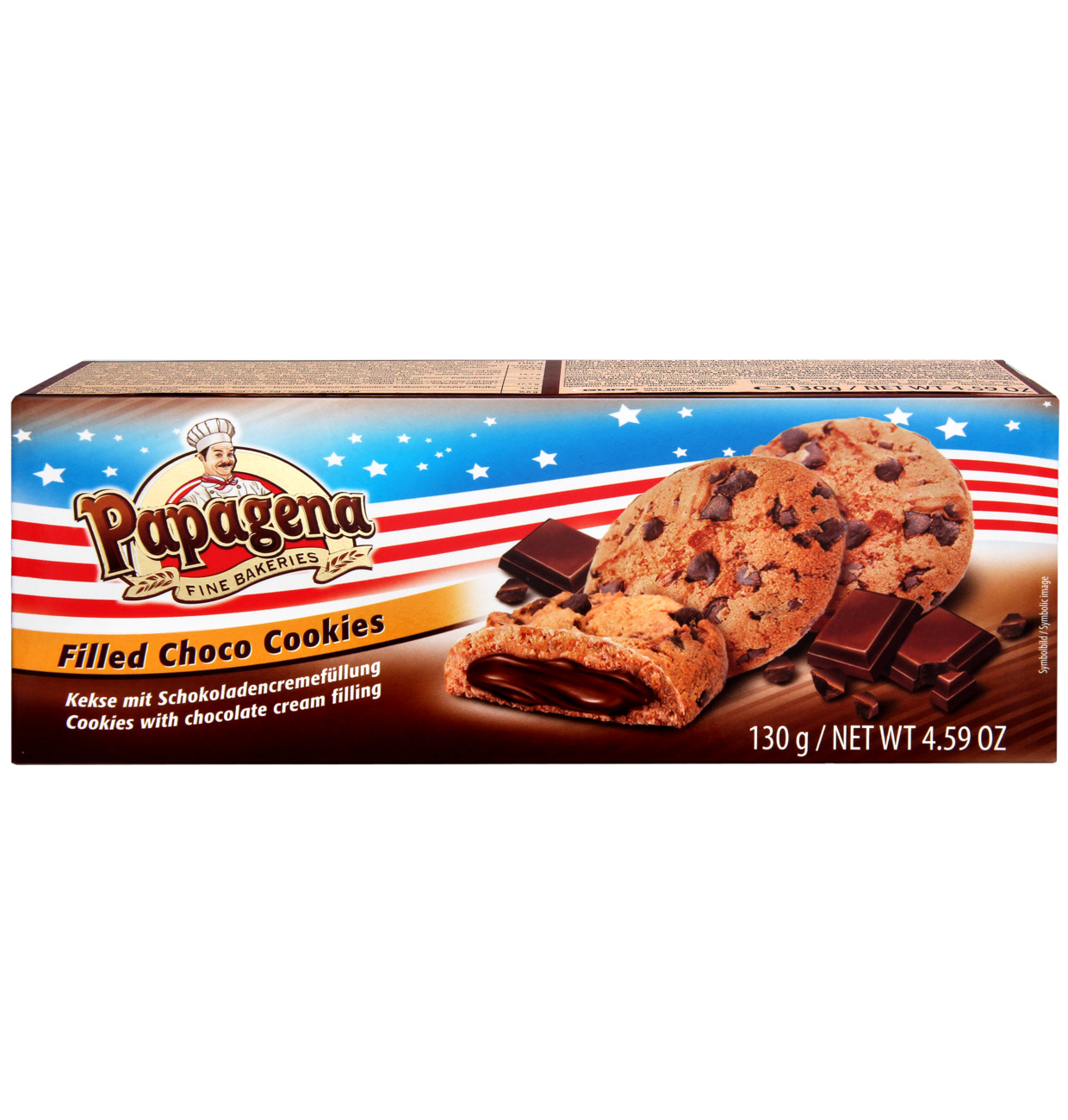 Papagena Choco Chip Cookies mit Schokoladencremefüllung 130g MHD 08.07.26