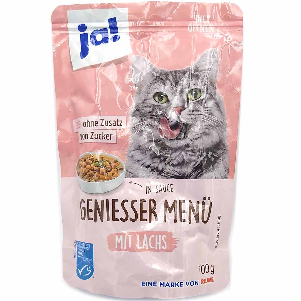 ja! Geniesser Menü Lachs in Sauce Katzenfutter 22 x 100g =2,2 kg MHD 30.07.27