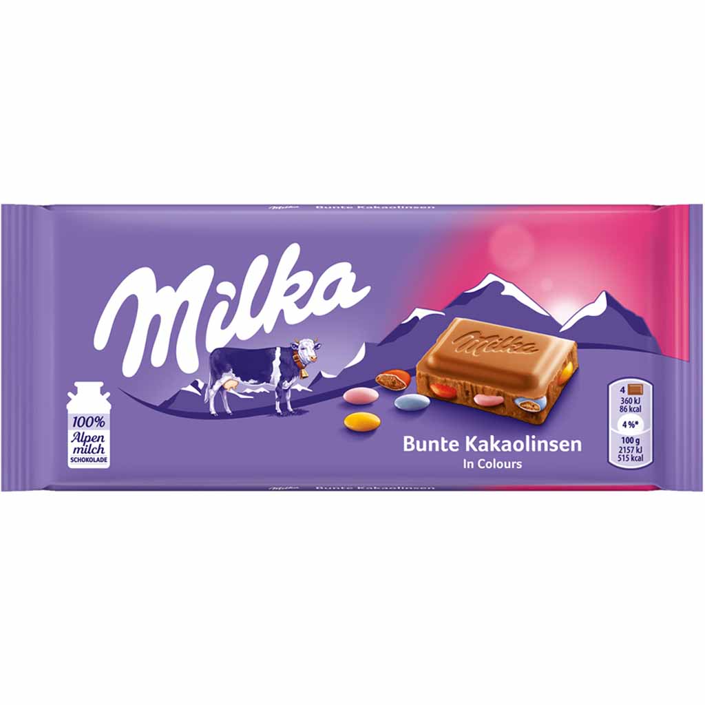 Milka Tafel Bunte Kakaolinsen 100g MHD 20.02.26