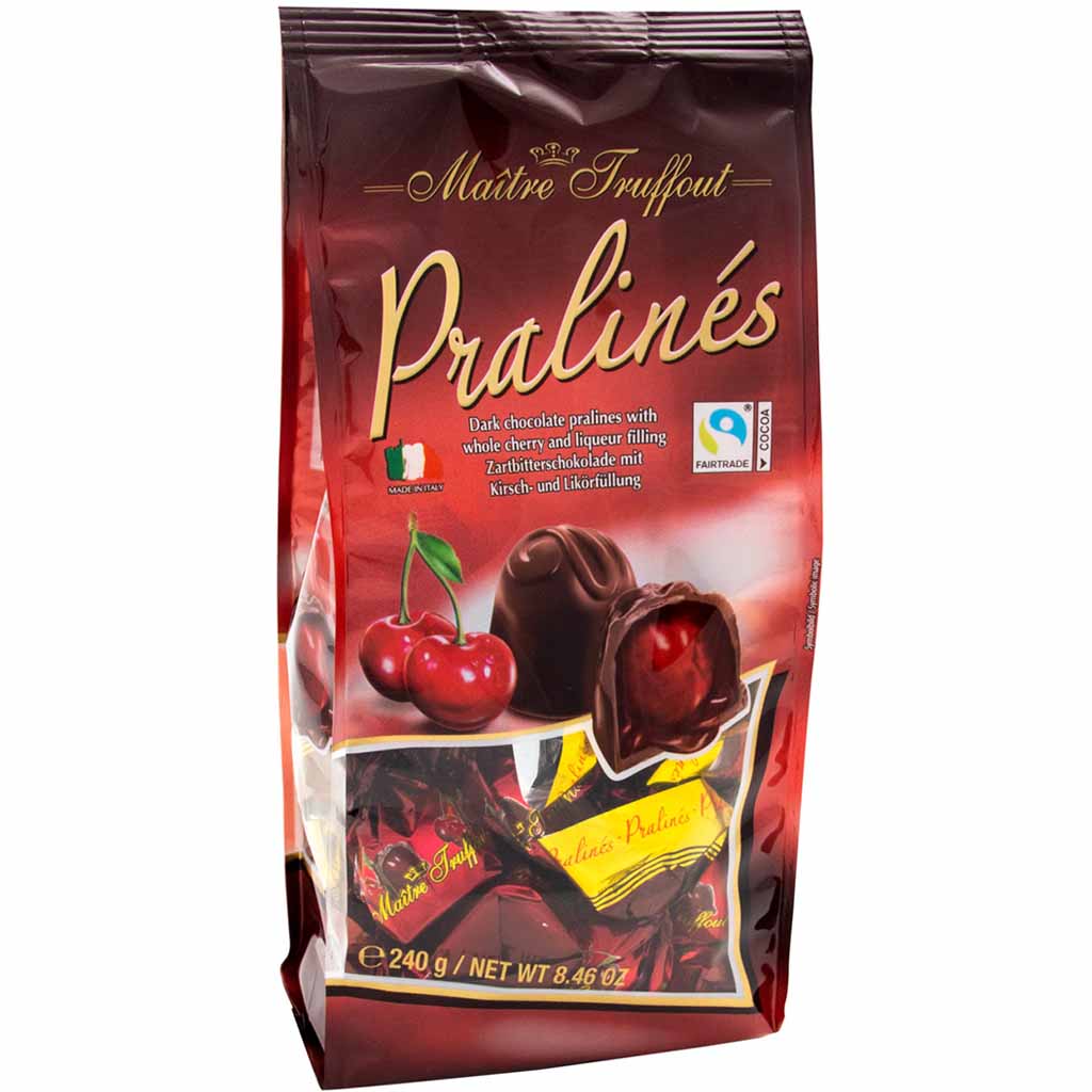 Maitre Truffout Pralinen Zartbitterschokolade mit Kirsch und Likör 4% vol. 240g MHD 31.07.26