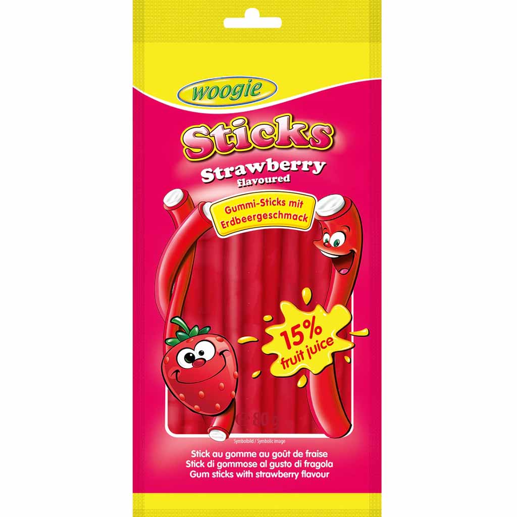 Woogie Sticks Strawberry 80g  Fruchtgummi Sticks mit Erdbeergeschmack