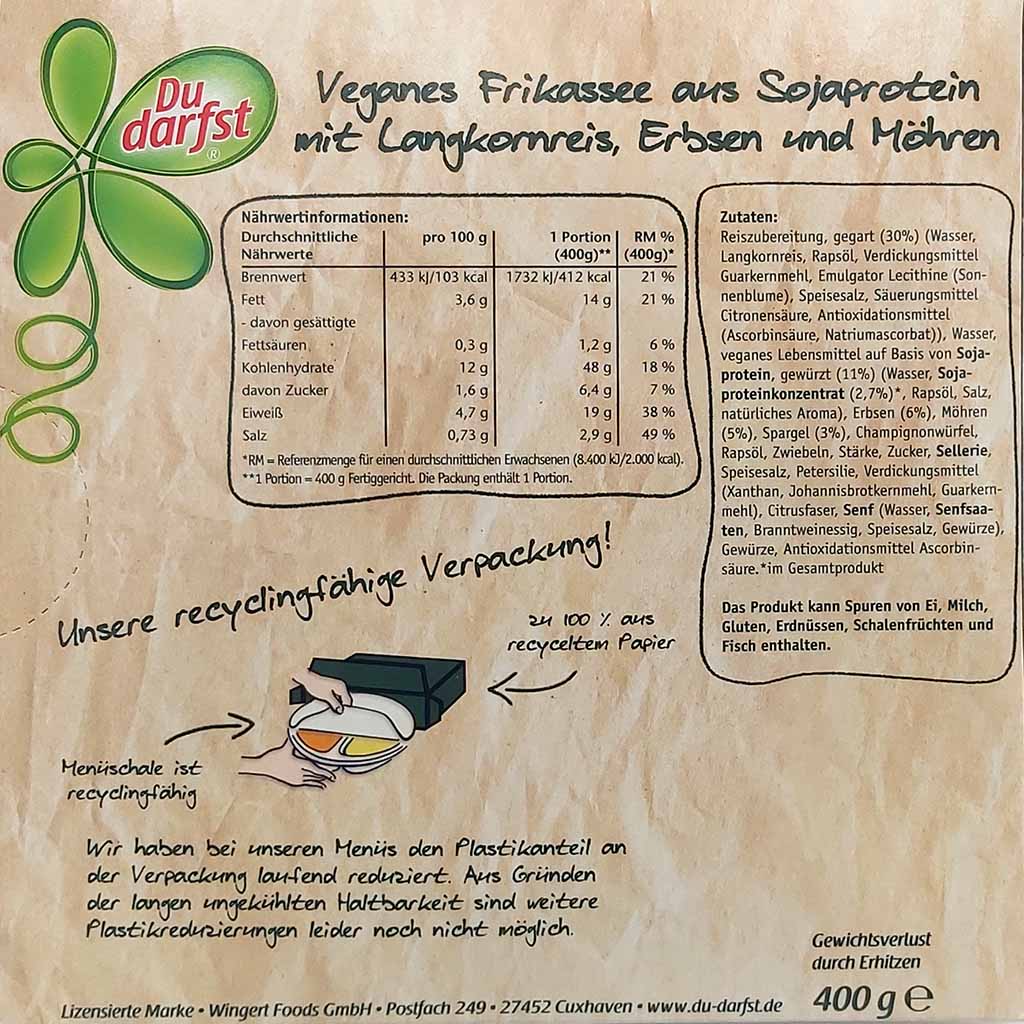 Du Darfst Wingert Fertiggericht Veganes Frikassee mit Langkornreis 400g