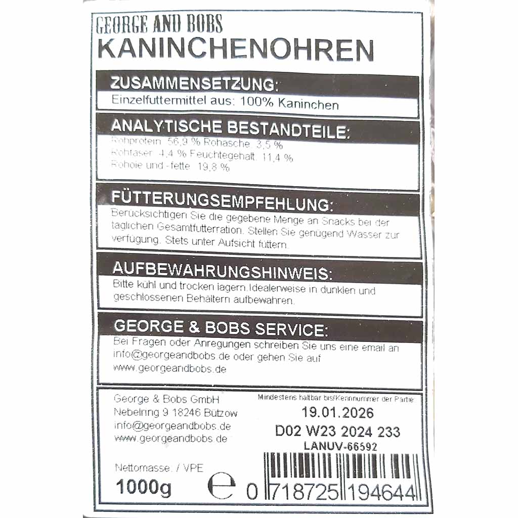 Hundesnack Kaninchenohren 1000g