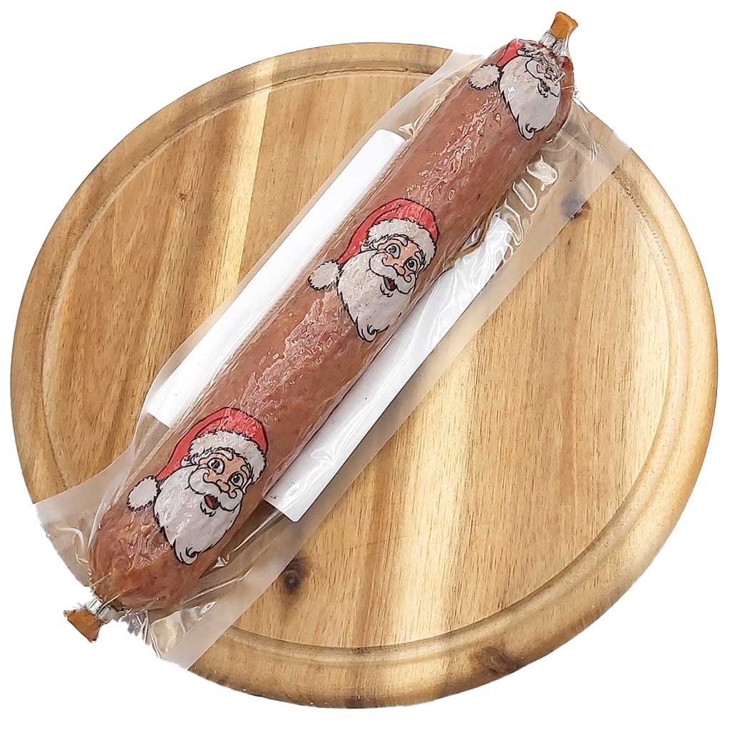 Hessenstolz Weihnachtsmettwurst geräuchert 300g auf Brett Rückseite